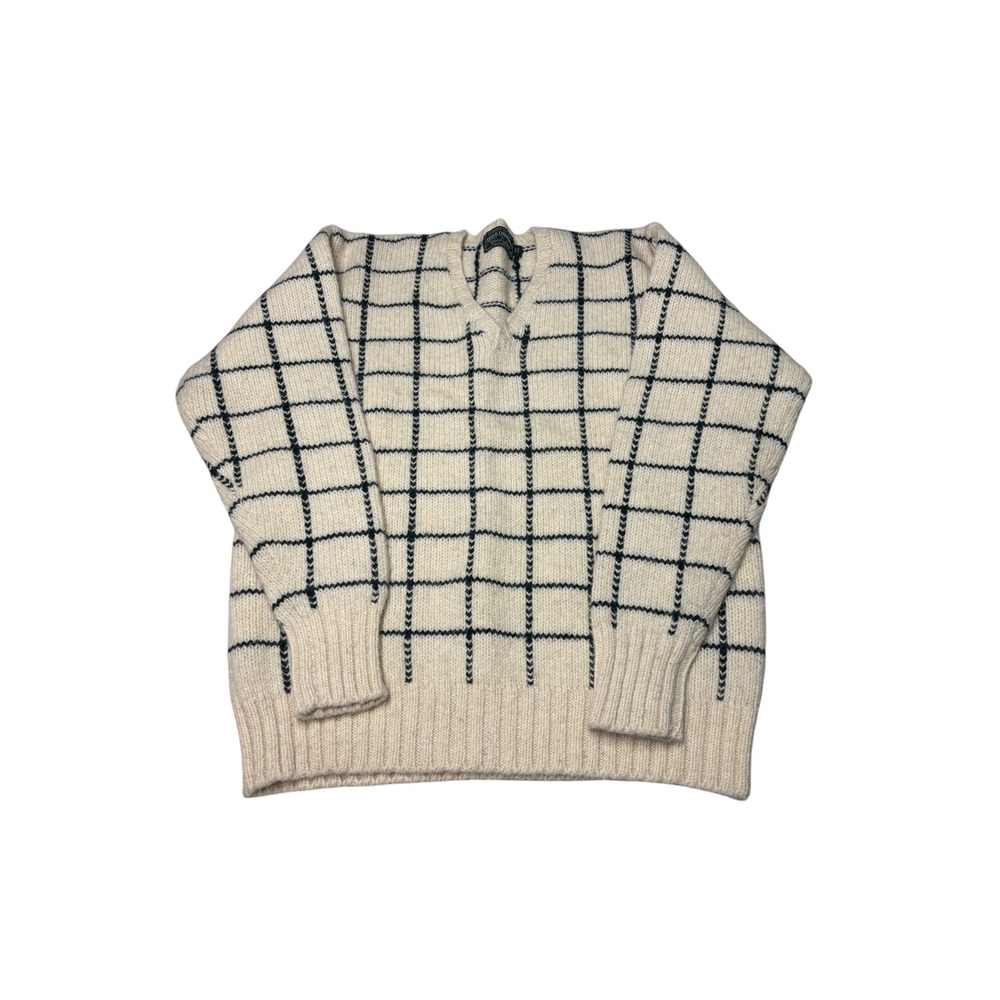 VTG Polo Country Ralph Lauren Vintage Wool Windowpane Check Sweater Cream Men XL